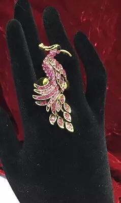 $4.99 • Buy Gold Adjustable Ring… Pink Bird, Phoenix, Peacock..RHINESTONES