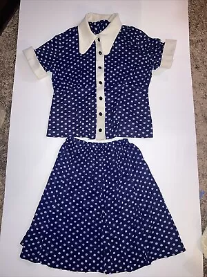 Vintage 40s Day Dress-Navy Polka Dot  Top And Skirt Madmen Look Small • $75