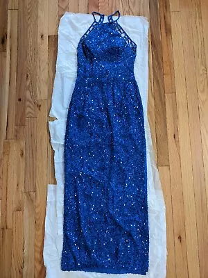 Scala Vintage Open Back Beaded Royal Blue Evening Gown Dress 100% Silk Size XS • $105