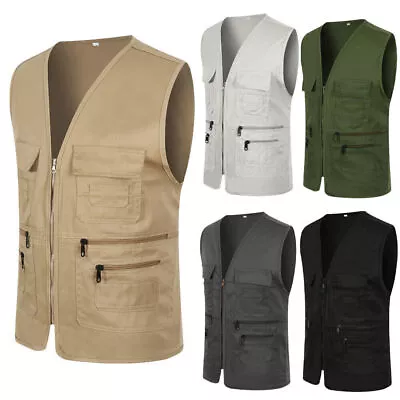 Mens Multi Pockets Utility Vest Fishing Outdoor Waistcoat Hiking Gilet Coat Tops • £17.59