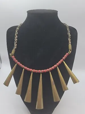 Vintage Brass Horn And Beaded Necklace Tribal 17.5  Long • $30