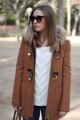 A343 Zara Duffle Brown Coat Wool Jacket Fur Hood Leather Camel Blazer - M • $219.99