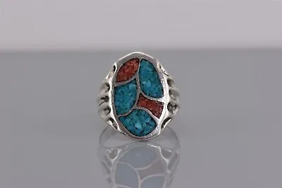 Sterling Silver Crushed Blue Turquoise Red Coral Statement Band Ring 925 Sz: 9 • $57.50
