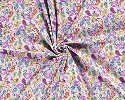 Paisley Design Floral Cotton Jersey Pink/Yellow/Purple Stretch Fabric 150cm 60  • £7.77