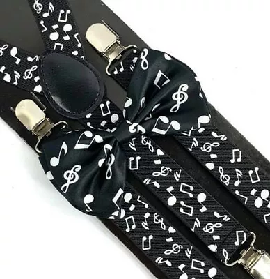 Bow Tie & Suspender High Quality Adjustable Combo Set Black/White Musical Note • $8.99