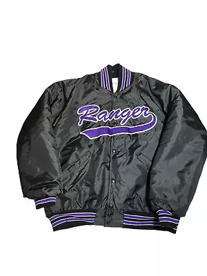 DeLONG Varsity Jacket Mens Sz Large Black Nylon Purple Ranger Vtg Holes Flawed • $26.98