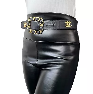 CHANEL Vintage CC Mark Logo Belt #70/28  Black Gold Leather Metal Rank AB • $1899.14