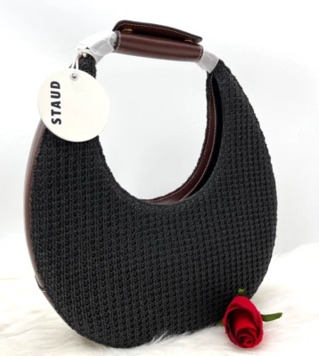 $219.99 • Buy AUTH NWT Staud Moon Woven Raffia Leather Trim Small Hobo Bag In Black NEW