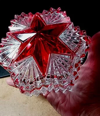 Vintage Star-shaped Lead Crystal Clear & Red Glass Trinket Box 5 Inches Across • $27.95