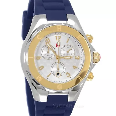 MICHELE Jelly Bean Womens 18K Gold Chronograph Watch Silver Dial Blue Silicone • $219.80