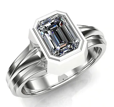 2.50+ Ct Emerald Near White Moissanite Diamond Engagement .925 Silver Men's Ring • £114.85