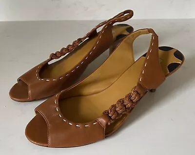 Max Studio Kylie 2 Cognac Tan Leather Braided Slingback Peep Toe Heels Shoes 8 • $29.99