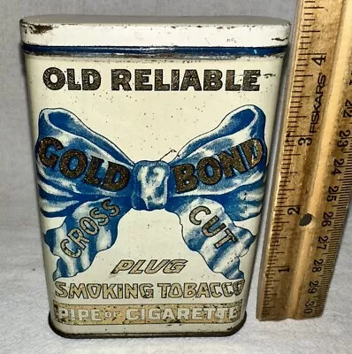 Antique Old Reliable Gold Bond Tin Litho Vertical Pocket Tobacco Can Blue Ribbon • $113.61