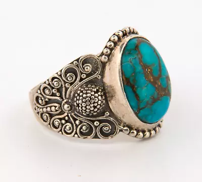 Elaborate Vintage Sterling Silver Ring With Turquoise Size 7.5 • $49