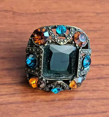 Large Rhinestone Colorful Brass Looking Vintage Inspired Stretch Ring • $7.50