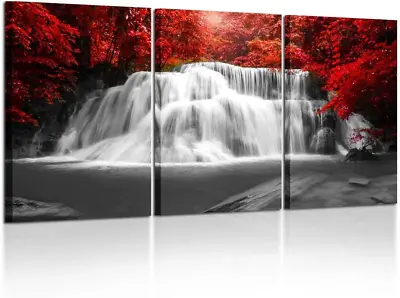 Kreative Arts Black White And Red Canvas Wall Art 3 Pieces Red Woods Waterfall • $84.99