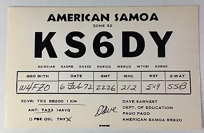 American Samoa 1972 QSL Card Pago Pago Dave Earnest • $22.86