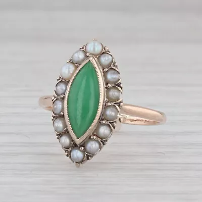 Vintage Green Jadeite Jade Pearl Halo Ring 10k Yellow Gold Size 6 • $199.99