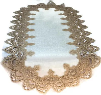 Doily Boutique Table Runner Or Doily With Gold Lace And Antique White Fabric • $11