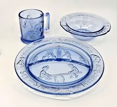 Vintage Tiara Blue Childs Nursery Rhyme Dinnerware 3 Pc Set Indiana Glass USA • $25