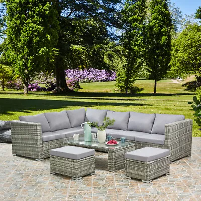 Deluxe 8 Seater Rattan Corner Sofa Garden Furniture Patio Table Set 4 Piece Grey • £699