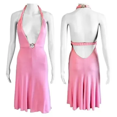 Versace S/S 2007 Crystal Logo Plunging Neckline Backless Halter Pink Dress • $2250