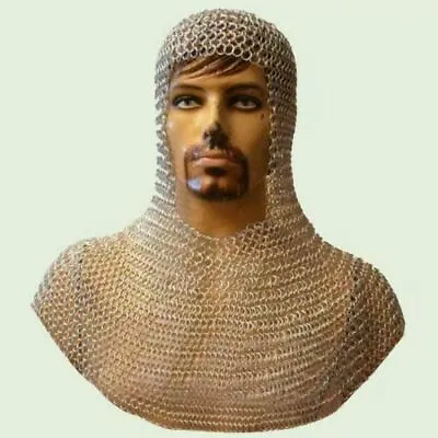 Chainmail Coif Medieval Armour Butted Aluminium Chain Mail Hood Reenactment • £28.23