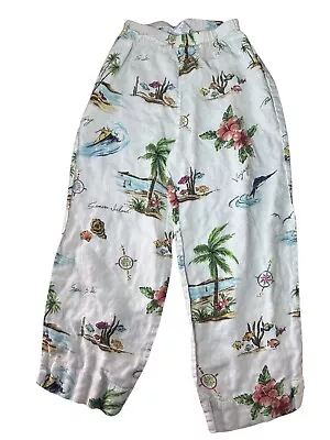VTG Hot Cotton By Marc Ware Pants Womens S White Floral Beach Linen Pull On • $19.95