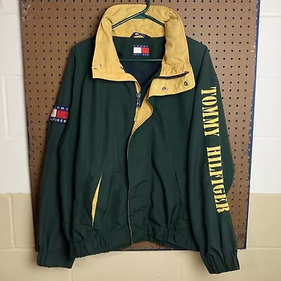 Vintage Tommy Hilfiger Jacket Large Green Yellow Windbreaker Spell Out Patch 90s • $48.90