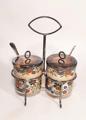 Vtg Sandland Ware Staffordshire England Jam Jelly Jars Silver Plated Lid Spoons • $13.50