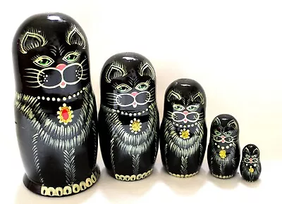 Vintage Painted Nesting Doll Matrioshka Made In Russia 5 Piece Black Cat #228 • $39.95