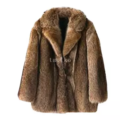 Mens Faux Raccoon Fur Lapel Collar Mid Long Coat Overcoat Jacket Winter Parka XL • $165.89