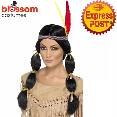 W531 Black Indian Costume Wig With Feather Headband Pocahontas Long Black Plaits • $18.99