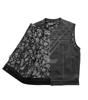 Leather Biker Vest Men's Riding Club Black/White Motorcycle Vest Diamond Quilted • $162