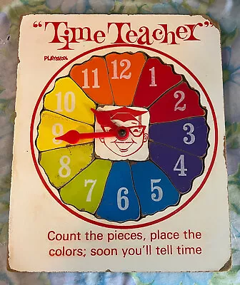Vintage Playskool Time Teacher Wooden Puzzle Rainbow Clock Moving Hands • $8.95