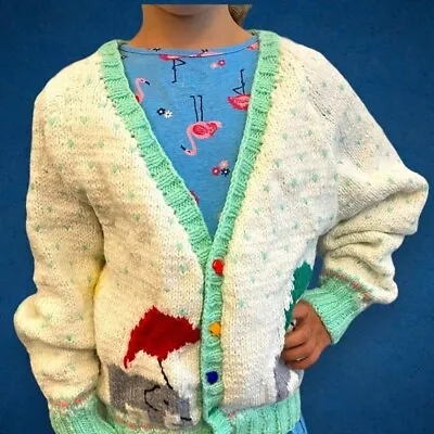 Vintage Handmade Kids Knitted Sweater Cardigan Elephants Multicoloured Sz 7/8 • $15.98