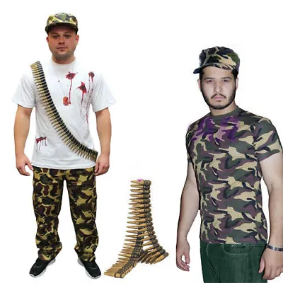 Mens Army Camouflage Full Trouser Hat Bullet T-Shirt Stag Do Fancy Dress Set • £6.55