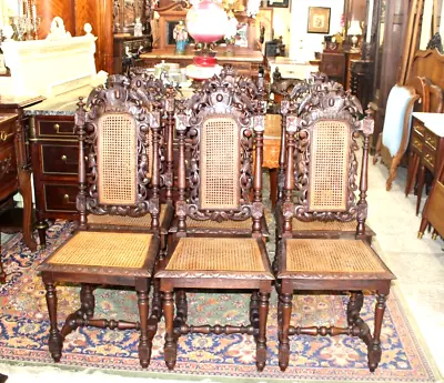 Set Of 6 French Antique Oak Renaissance Dining Chairs • $2800