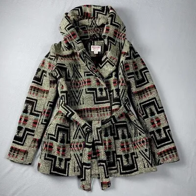 Mossimo Geometric Aztec Tribal Pea Coat Jacket Deep Hooded Belted Pockets Size S • $14.97