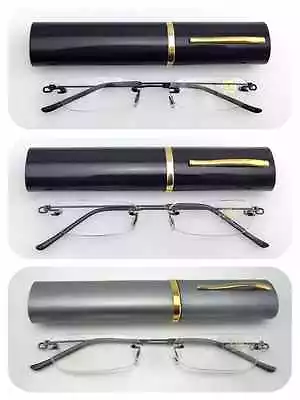 L63 Superb Quality Rimless Reading Glasses Flexible Steel Arms & Aluminum Case • $6.15