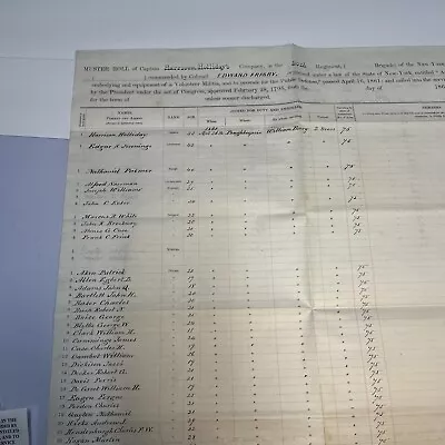 1861 Civil War New York Volunteer Infantry Muster Roll  • $135