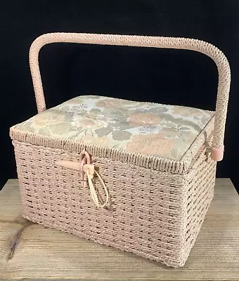 Vintage Tapestry Wicker Woven Sewing Box Basket Pin Cushion Lid Made In Japan • $24