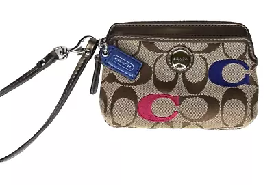 COACH Multi/Brown Signature Canvas/ Leather Double Zip Wristlet Pouch Mini Bag • $38