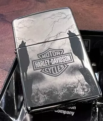 NEW RELEASE Zippo Lighter HARLEY DAVIDSON HOWLING WOLVES Black Ice NEW IN BOX • £56.40
