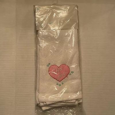 I Love Lucy Kitchen Dish Towel Set Of Three (3) White Pink Hearts Embroidery • $30