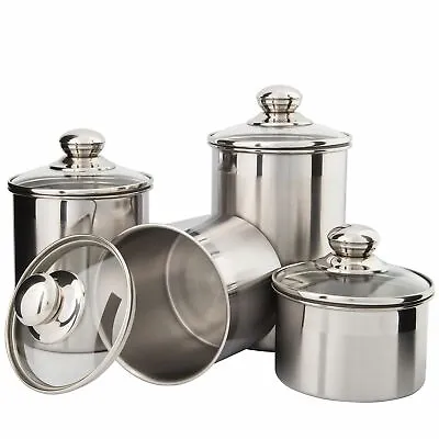 Beautiful Canister Set For Kitchen 4-Piece Stainless Steel W/Airtight Glass Lids • $46.74