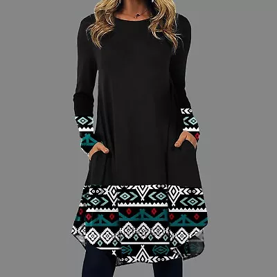 Women Loose Casual Round Neck Pullover Loose Long Sleeve MAXI Dress Plus Size 🔥 • $40.81