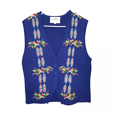 Susan Bristol Vtg Vest Womens Medum Blue Ramie Hand Embroidered 3D Floral • $17.91