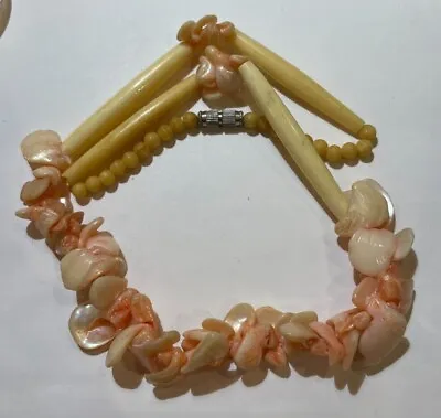 £8.08 • Buy Vintage Pink Mother Of Pearl Shells Carved Bovine Cow Bone Beads Necklace DC6