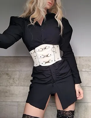 Ladies Sexy White PU Leather Waist Belt Studded Goth Corset Style Small 6 8 • £10